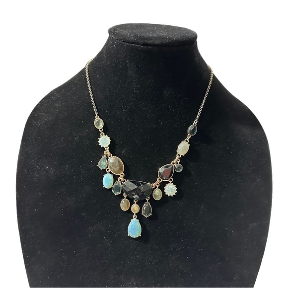 Loft Multi Pendant & Multicolor Gold Tone Faux Moss Agate Bib Necklace 18-20” - Picture 1 of 14